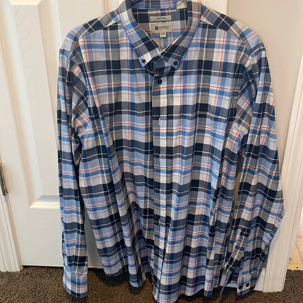 Haggar Mens Fitted Button Down long sleeved Shirt blue plaid Size Large